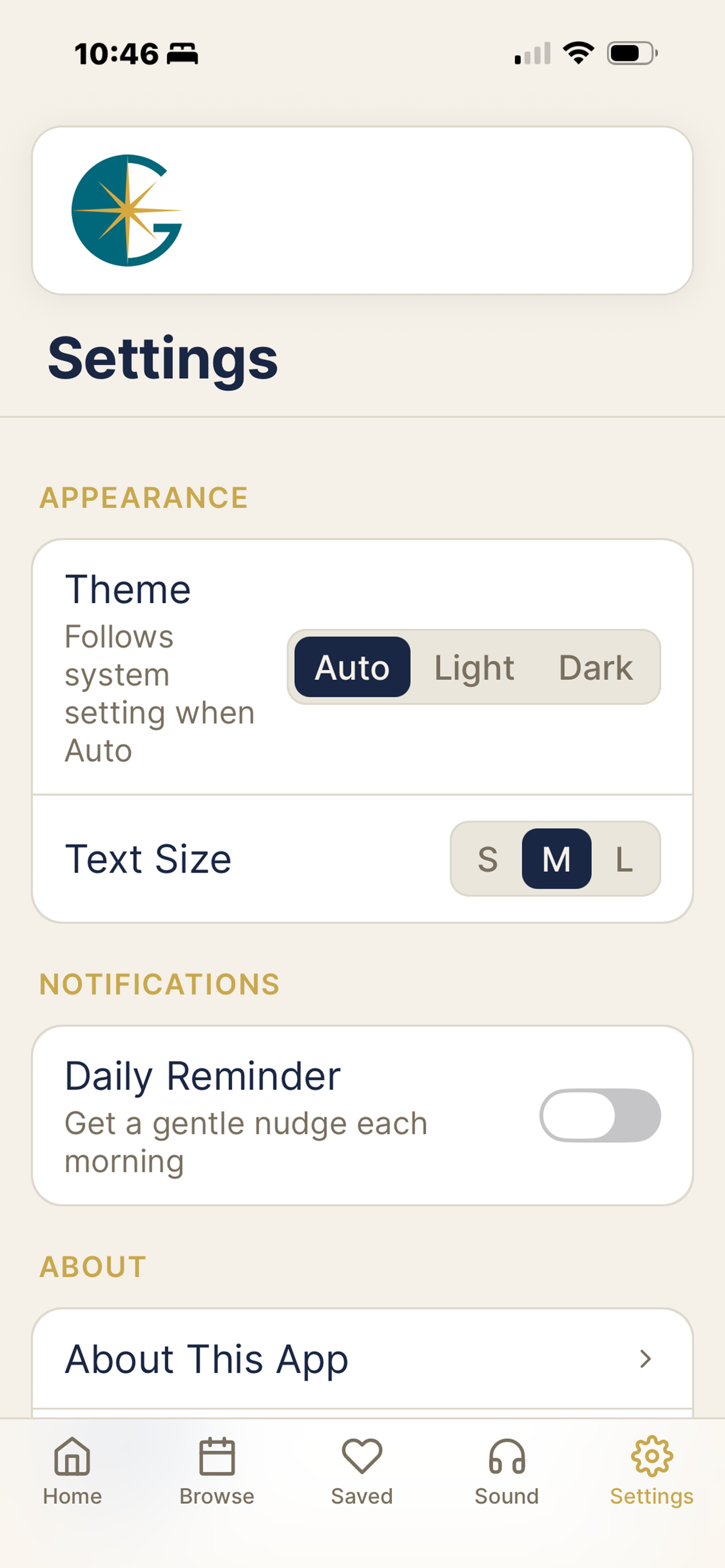 Gide - Calm settings screen